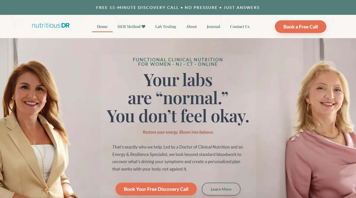 The Nutritious Dr homepage: “Your labs are normal. You don’t feel okay.” with the two practitioners and a Book a Free Call button
